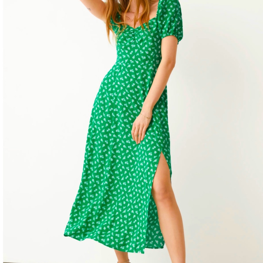 & Other Stories Green Floral Flowy Puff Sleeve Midi Dress, Size 8